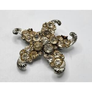 Vintage 1950s Rhinestone Starfish Brooch Silver Tone